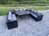 Fimous Wicker Outdoor Garden Furniture Rattan Lounge Sofa Set Patio Rectangular Dining Table with 2 Side Table 9 Seater Dark Grey Mixed