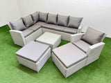 Fimous Outdoor Rattan Garden Furniture Set 9 Seater Corner Sofa Sets with Square Coffee Table Chair 2 Big Footstools Light Grey Mixed
