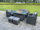 Fimous Dark Mixed Grey Rattan Outdoor Garden Furniture Gas Fire Pit Table Sets Gas Heater Love Seat 2 Seater Sofa Recling Adjustable Chairs Footstools 6 Seater