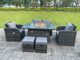 Fimous Dark Mixed Grey Rattan Outdoor Garden Furniture Gas Fire Pit Table Sets Gas Heater Love Seat 2 Seater Sofa Recling Adjustable Chairs Footstools 6 Seater