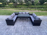 Fimous Outdoor Wicker Garden Furniture Rattan Lounge Sofa Set Patio Rectangular Dining Table with Side Table 9 Seater Dark Grey Mixed