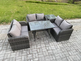 Fimous Rattan Garden Furniture Set 6 Seater Patio Outdoor Love Sofa Set with Rectangular Dining Table Side Table Dark Grey Mixed