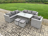 Fimous 9 Seater Outdoor PE Rattan Garden Funiture Set Height Adjustable Rising Lifting Table Sofa Dining Set with Armchair 2 Small Footstools