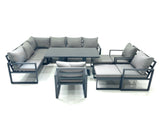 Fimous Aluminum Outdoor Garden Furniture Set Corner Sofa 3 Chair 2 Big Footstools Adjustable Rising Lifting Dining Table Sets Dark Grey