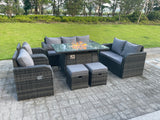 Fimous Dark Mixed Grey Rattan Outdoor Garden Furniture Gas Fire Pit Table Sets Gas Heater Lounge Love Sofa Recling Chairs Footstools 9 Seater