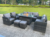 Fimous Dark Mixed Grey Rattan Outdoor Garden Furniture Gas Fire Pit Table Sets Gas Heater Lounge Love Sofa Recling Chairs Footstools 9 Seater