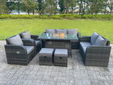 Fimous Dark Mixed Grey Rattan Outdoor Garden Furniture Gas Fire Pit Table Sets Gas Heater Lounge Love Sofa Recling Chairs Footstools 9 Seater