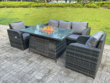 Fimous Dark Mixed Grey Rattan Outdoor Garden Furniture Gas Fire Pit Table Gas Heater Sets Lounge Sofa Reclining Adjustable Chairs 5 Seater