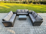 Fimous Rattan Lounge Sofa Set 9 Seater Outdoor Garden Furniture Set with Rectangular Coffee Table 3 Seater Sofa Side Table Dark Grey Mixed