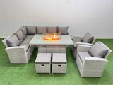 Fimous Rattan Corner Sofa Chair Set Outdoor Furniture Garden Dining Sets Gas Fire Pit Table with Temper Glass 2 Footstools Light Grey Mixed