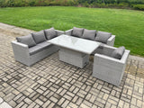 Fimous Outdoor PE Rattan Garden Funiture Set Height Adjustable Rising Lifting Table Sofa Dining Set with Armchair