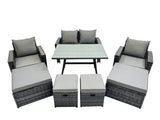 Fimous 8 Seater Wicker PE Rattan Furniture Outdoor Dining Table Double Seat Sofa 4 Stools Sets Dark Grey Mixed