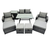 Fimous 8 Seater Wicker PE Rattan Furniture Outdoor Dining Table Double Seat Sofa Side Table 4 Stools Sets Dark Grey Mixed