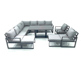 Fimous 11 Seater Outdoor Aluminum Garden Furniture Set Corner Sofa 2 Chair 2 Big Footstools Adjustable Rising Lifting Dining Table Sets Dark Grey