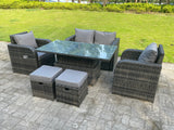 Fimous Dark Mixed Grey Rattan Outdoor Garden Furniture Lifting Adjustable Dining Or Coffee Table Sets Love Sofa Reclining Chairs Footstools 6 Seater