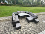 Fimous Patio Rattan Garden Furniture Set with Oblong Rectangular Dining Table 3 Footstools 2 Side Table 12 Seater Outdoor Lounge Sofa Set Dark Grey Mixed