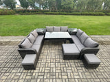 Fimous Patio Rattan Garden Furniture Set with Oblong Rectangular Dining Table 3 Footstools 2 Side Table 12 Seater Outdoor Lounge Sofa Set Dark Grey Mixed