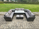 Fimous Patio Rattan Garden Furniture Set with Oblong Rectangular Dining Table 2 Small Footstools 2 Side Table 11 Seater Outdoor Lounge Sofa Set Dark Grey Mixed