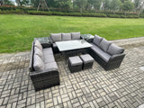 Fimous Patio Rattan Garden Furniture Set with Oblong Rectangular Dining Table 2 Small Footstools 2 Side Table 11 Seater Outdoor Lounge Sofa Set Dark Grey Mixed