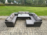 Fimous Patio Rattan Garden Furniture Set with Oblong Rectangular Dining Table Big Footstool 2 Side Tables 10 Seater Outdoor Lounge Sofa Set Dark Grey Mixed