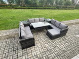 Fimous Patio Rattan Garden Furniture Set with Oblong Rectangular Dining Table Big Footstool 2 Side Tables 10 Seater Outdoor Lounge Sofa Set Dark Grey Mixed