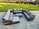 Fimous Rattan Lounge Sofa Set 10 Seater Outdoor Garden Furniture Set with Rectangular Coffee Table 3 Seater Sofa 2 Side Tables Big Footstool Dark Grey Mixed