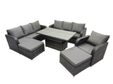 Fimous Rattan Garden Furniture Dining Set 9 seater Patio Height Adjustable Rising Lifting Table Sofa Set with 2 Big Footstool Dark Grey Mixed