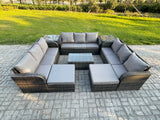 Fimous Outdoor Garden Furniture Sets 11 Seater Wicker Rattan Furniture Sofa Sets with Rectangular Coffee Table 3 Seater Sofa 2 Side Tables 2 Big Footstool Dark Grey Mixed
