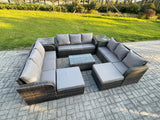 Fimous Outdoor Garden Furniture Sets 11 Seater Wicker Rattan Furniture Sofa Sets with Rectangular Coffee Table 3 Seater Sofa 2 Side Tables 2 Big Footstool Dark Grey Mixed