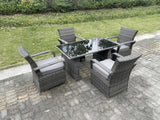 Fimous 4 Seat Rattan Garden Furniture Dining Set Table And Chair Sets PE Wicker Patio Outdoor 4 Chairs Black Tempered Glass Table