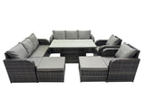 Fimous Rattan Garden Furniture Dining Set 10 seater Patio Height Adjustable Rising Lifting Table Sofa Set with 2 Big Footstool Dark Grey Mixed