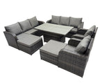 Fimous Rattan Garden Furniture Dining Set 10 seater Patio Height Adjustable Rising Lifting Table Sofa Set with 2 Big Footstool Dark Grey Mixed