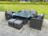 Fimous Dark Mixed Grey Rattan Outdoor Garden Furniture Lifting Adjustable Dining Or Coffee Table Sets Lounge Sofa Recling Chairs Footstools 7 Seater