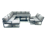 Fimous 12 Seater Outdoor Aluminum Garden Furniture Set Corner Sofa 3 Footstools Rising Lifting Dining Table Sets Dark Grey
