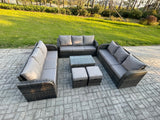 Fimous Rattan Lounge Sofa Set 11 Seater Outdoor Garden Furniture Set with Rectangular Coffee Table 3 Seater Sofa 2 Small Footstools Dark Grey Mixed