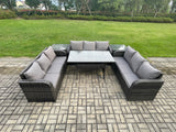 Fimous Rattan Garden Furniture Set with Oblong Rectangular Dining Table 2 Side Tables 9 Seater Outdoor Lounge Sofa Set Dark Grey Mixed