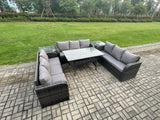 Fimous Rattan Garden Furniture Set with Oblong Rectangular Dining Table 2 Side Tables 9 Seater Outdoor Lounge Sofa Set Dark Grey Mixed