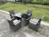 Fimous 4 Seat Rattan Garden Furniture Dining Set Table And Chair Sets PE Wicker Patio Outdoor 4 Chairs Black Tempered Glass Table