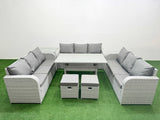 Fimous PE Rattan Lounge Sofa Set 11 Seater Outdoor Garden Furniture Set with Rectangular Dining Table 3 Seater Sofa 2 Stools Side Table Light Grey