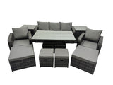Fimous Rattan Garden Furniture Dining Set 8 seater Patio Height Adjustable Rising Lifting Table Sofa Set with 2 Side Table 2 Big Footstool Dark Grey Mixed