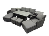 Fimous Rattan Garden Furniture Dining Set 8 seater Patio Height Adjustable Rising Lifting Table Sofa Set with 2 Side Table 2 Big Footstool Dark Grey Mixed