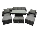Fimous Rattan Garden Furniture Dining Set 8 seater Patio Height Adjustable Rising Lifting Table Sofa Set with Side Table 2 Big Footstool Dark Grey Mixed