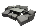 Fimous Rattan Garden Furniture Dining Set 8 seater Patio Height Adjustable Rising Lifting Table Sofa Set with Side Table 2 Big Footstool Dark Grey Mixed
