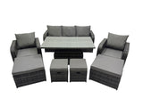 Fimous Rattan Garden Furniture Dining Set 8 seater Patio Height Adjustable Rising Lifting Table Sofa Set with 4 Footstools Dark Grey Mixed