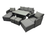 Fimous Rattan Garden Furniture Dining Set 8 seater Patio Height Adjustable Rising Lifting Table Sofa Set with 4 Footstools Dark Grey Mixed