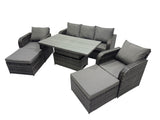 Fimous Rattan Garden Furniture Dining Set 6 seater Patio Height Adjustable Rising Lifting Table Sofa Set with 2 Big Footstools Dark Grey Mixed
