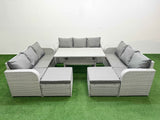 Fimous PE Rattan Lounge Sofa Set 11 Seater Outdoor Garden Furniture Set with Rectangular Dining Table 3 Seater Sofa 2 Big Footstools Light Grey