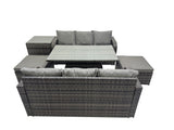 Fimous Rattan Garden Furniture Dining Set 8 seater Patio Height Adjustable Rising Lifting Table Sofa Sets with Side Table 2 Big Footstool Dark Grey Mixed