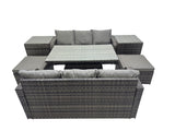 Fimous Rattan Garden Furniture Dining Set 8 seater Patio Height Adjustable Rising Lifting Table Sofa Sets with 2 Side Table 2 Big Footstool Dark Grey Mixed