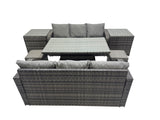 Fimous Rattan Garden Furniture Dining Set 8 seater Patio Height Adjustable Rising Lifting Table Sofa Set with 2 Side Table 2 Small Footstools Dark Grey Mixed